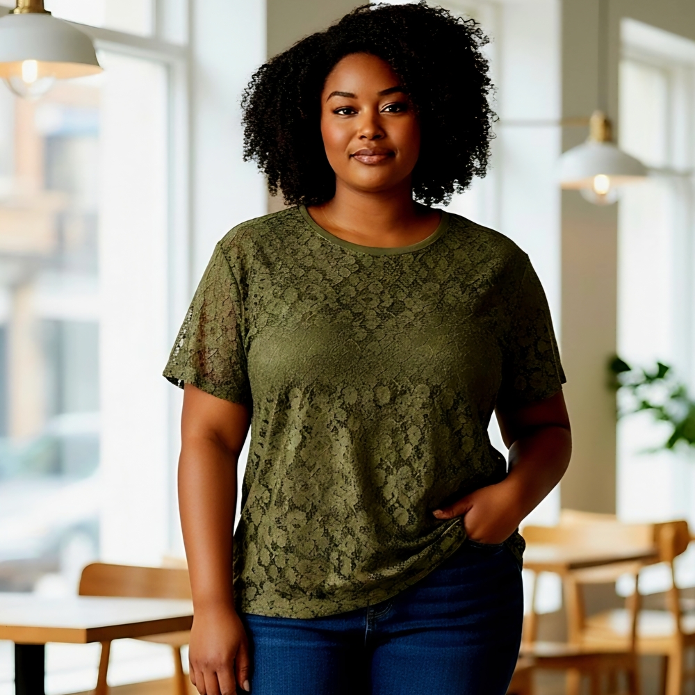 H&M Olive Green Lace Short Sleeve Top